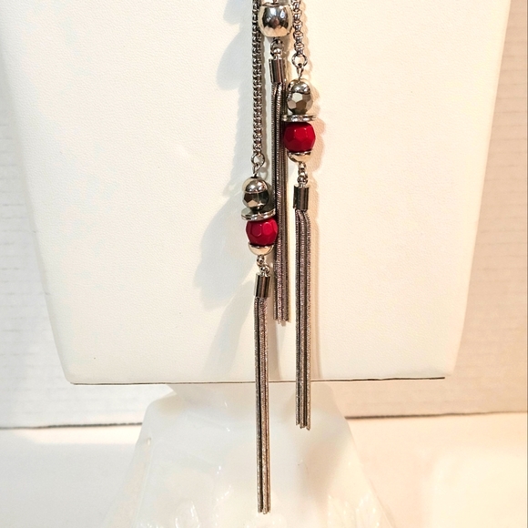 Vintage 80s Jules Long Necklace Lariet Style Red Beads & Smokey Quartz Crystals - Picture 5 of 16